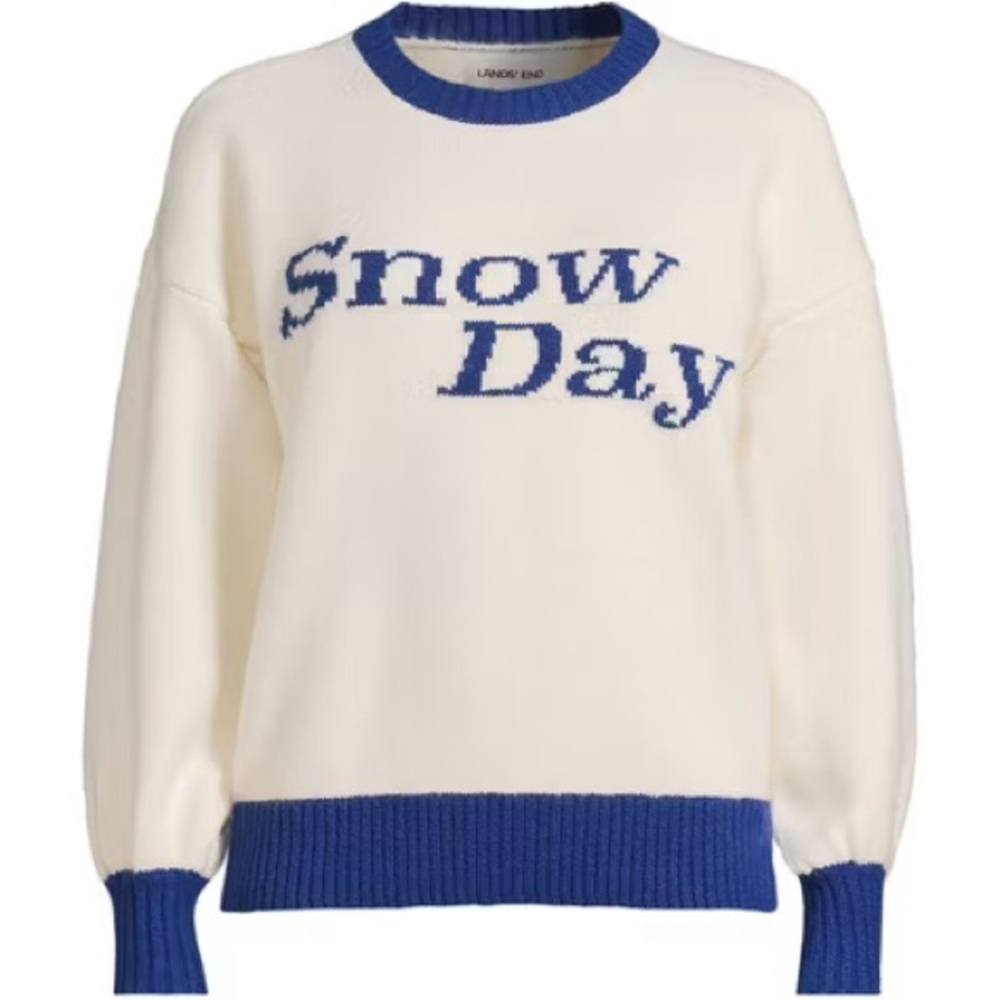 Lands' End Women's Snow Day Sweater in Cream and Blue